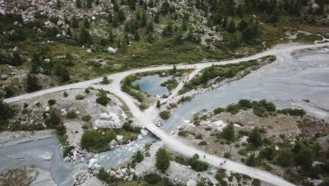 hiking path in the swiss alps, drone aerial view