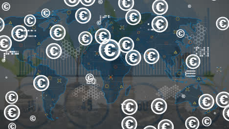 Animación-Del-Euro-Parpadeando-Sobre-El-Mapa-Mundial-Y-Los-Iconos.