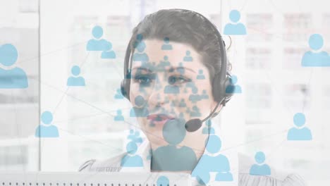 Animation-of-networks-of-connections-with-icons-over-businesswoman-using-phone-headsets