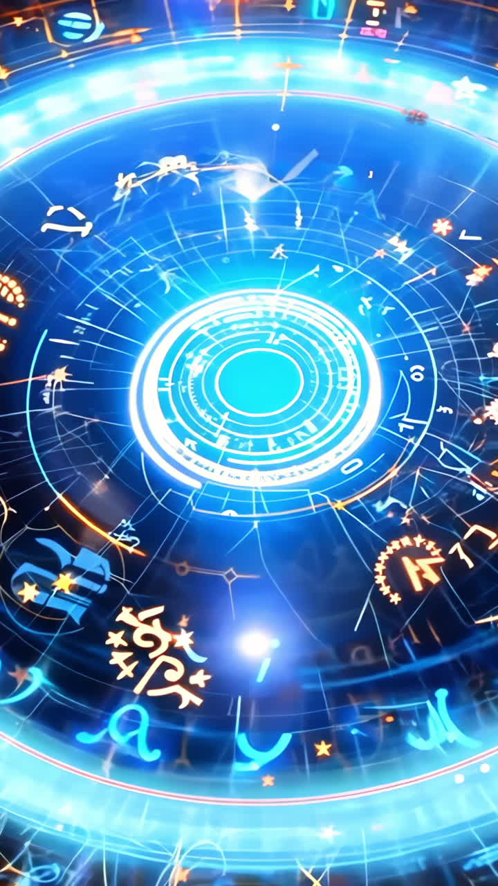 A glowing circle with a lot of numbers and letters on it. It looks like a horoscope
