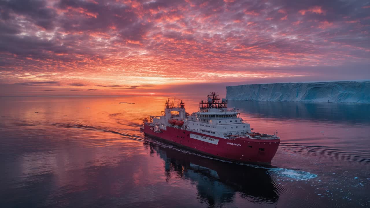A Stunning Journey of a Research Vessel Through Icy Waters at Sunset with Vibrant Skies and Glacial Backdrops Highlighting Nature's Majesty and Exploration Spirit
