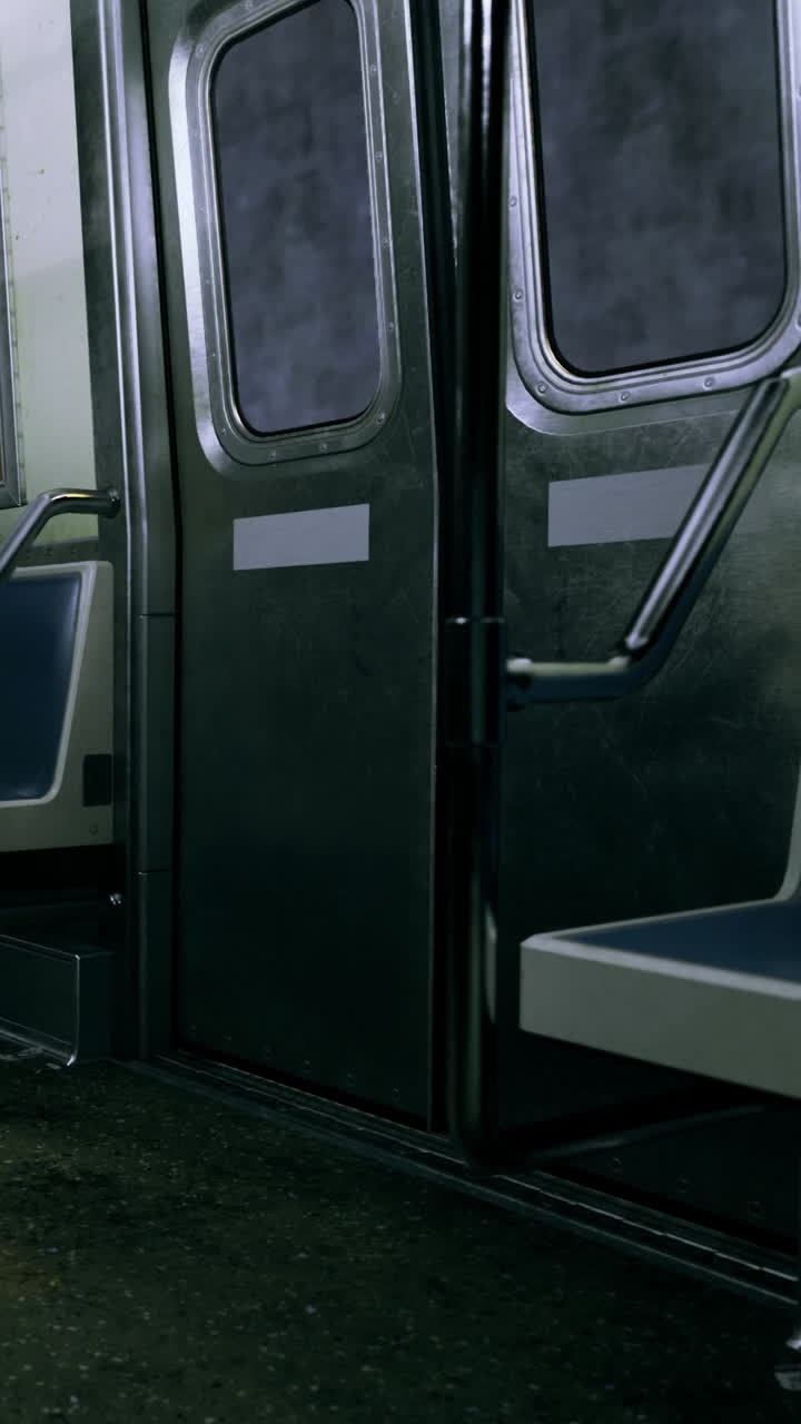 L'interno di un treno mostra sedili vuoti e porte metalliche in una carrozza della metropolitana.
