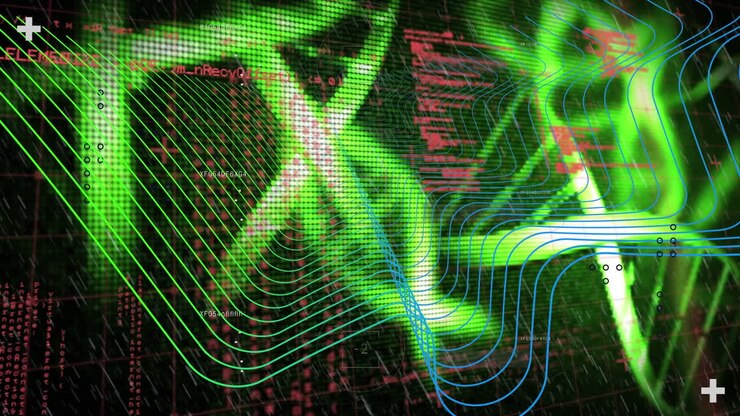 Animation of digital wave and data processing over spinning dna structures on black background