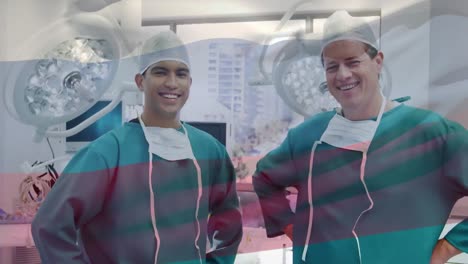 animation of flag of russia waving over happy surgeons in operating theatre