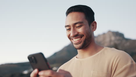 Beach,-communication-and-man-typing-on-a-phone