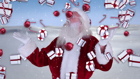 santa levantando las manos con regalos de navidad que caen