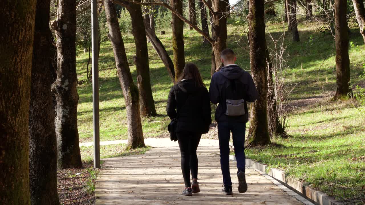 pareja joven caminando a través de los árboles del parque alrededor de la hierba verde en un camino estrecho en la luz del sol de la mañana de otoño