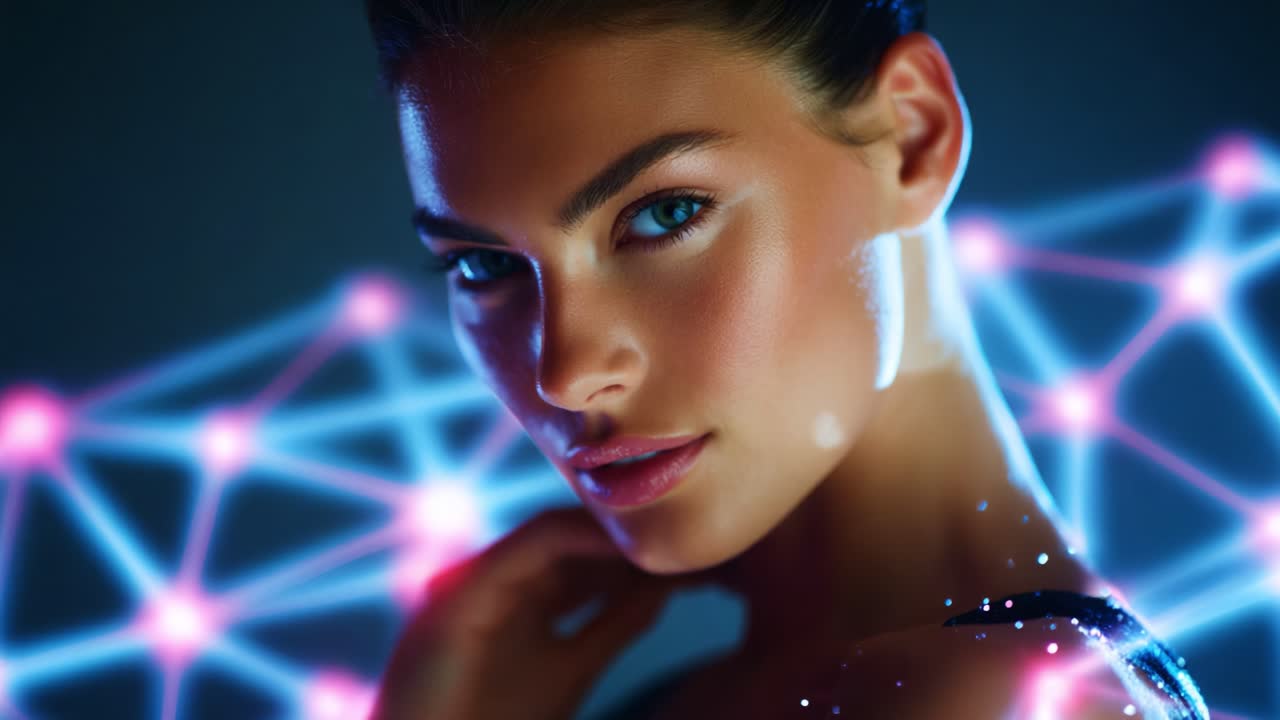 A captivating digital portrait of a young woman with striking blue eyes, surrounded by glowing geometric shapes and soft neon lights, highlighting her features and creating an enchanting atmosphere of modern elegance