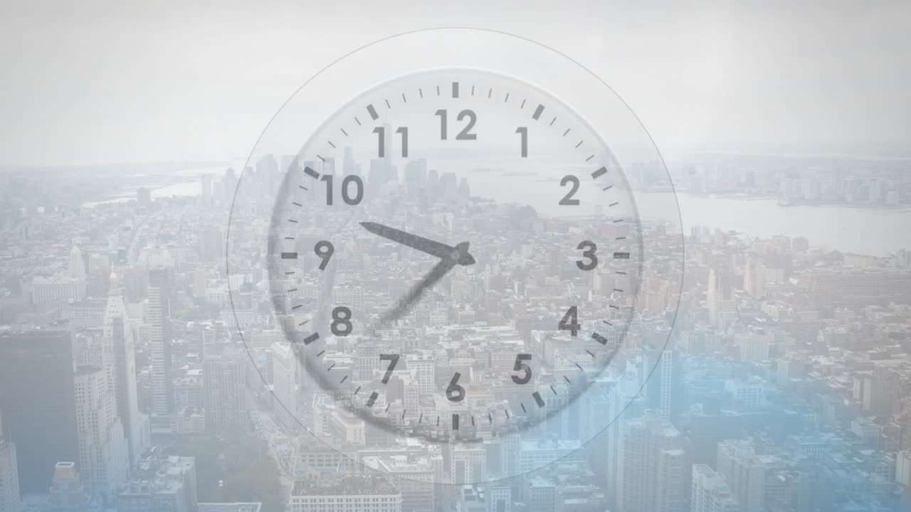 Clock animation over aerial view of cityscape