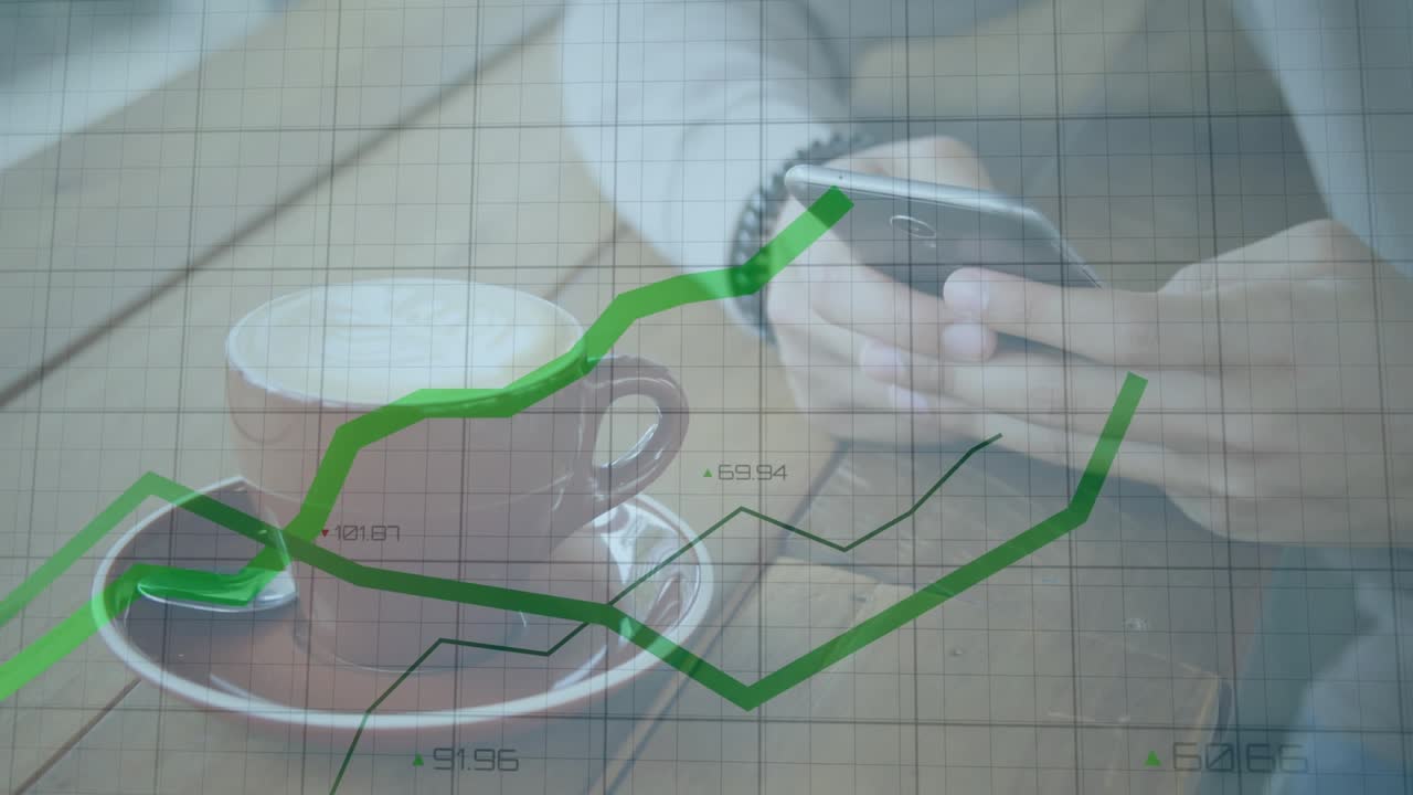 Male hands holding phone and tapping, initiating animated finance charts rising across cup, phone