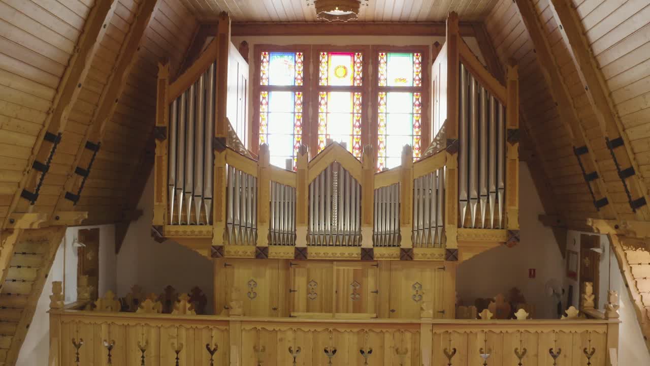 Drone footage from a wooden church inside 1
