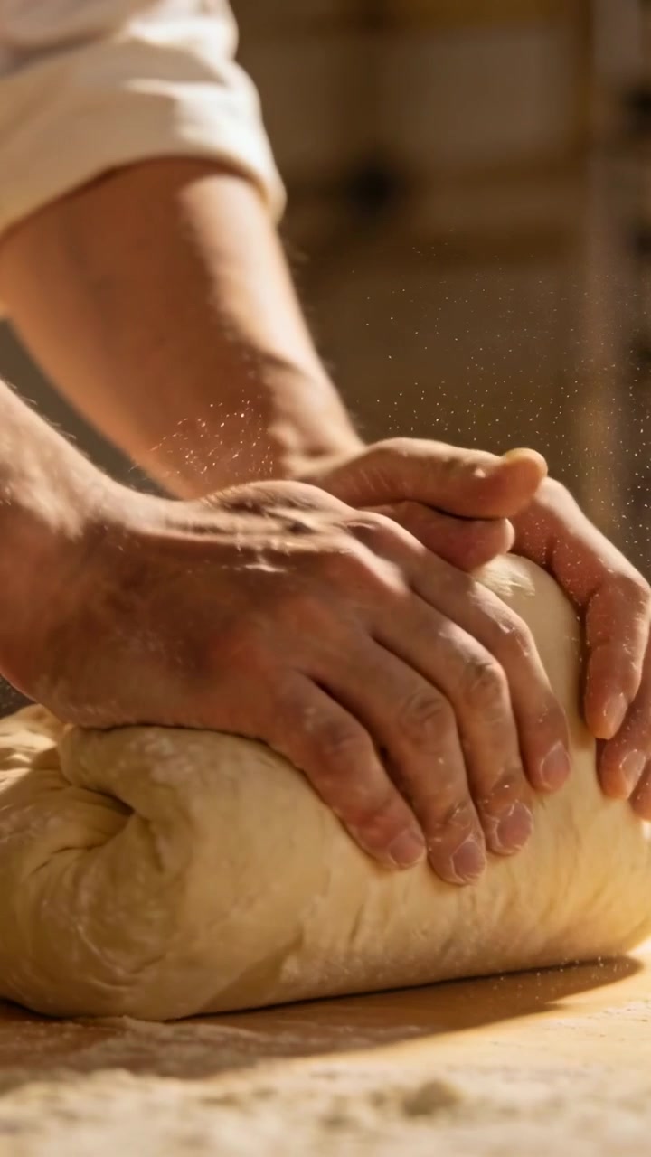 Vertical video: Placing hands with rolled-sleeves pressing dough on woodbench tightening loaf