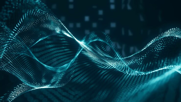 Teal Particle Mesh Forming Undulating Data Wave Over Dark Field, Intricate Nodes And Flowing Grid Suggest Tech