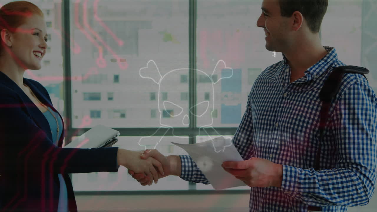 Digital skull and binary code overlay on handshake between two people in animation