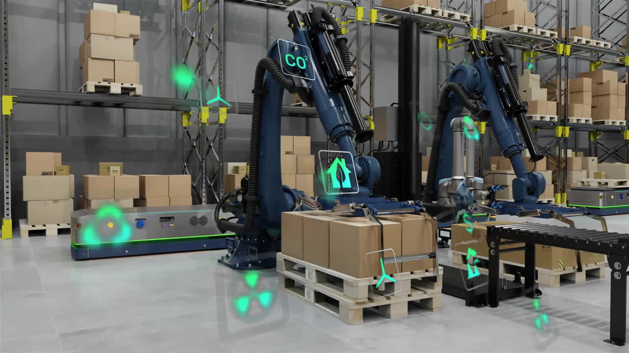 데이터 프로세싱 및 생태 아이콘을 창고 위에 애니메이션