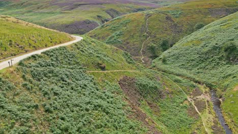 Aerial-drone-footage-of-a-slow-moving-river