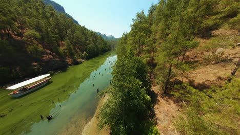 aerial view, drone flying on top of green, mossy lake surrounded by trees and big rocks