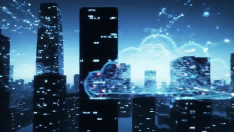 A Stunning View of a Futuristic Cityscape at Dusk, Illuminated by Network Connections, Digital Data Overlays, and Advanced Technological Elements, Portraying Urban Innovation