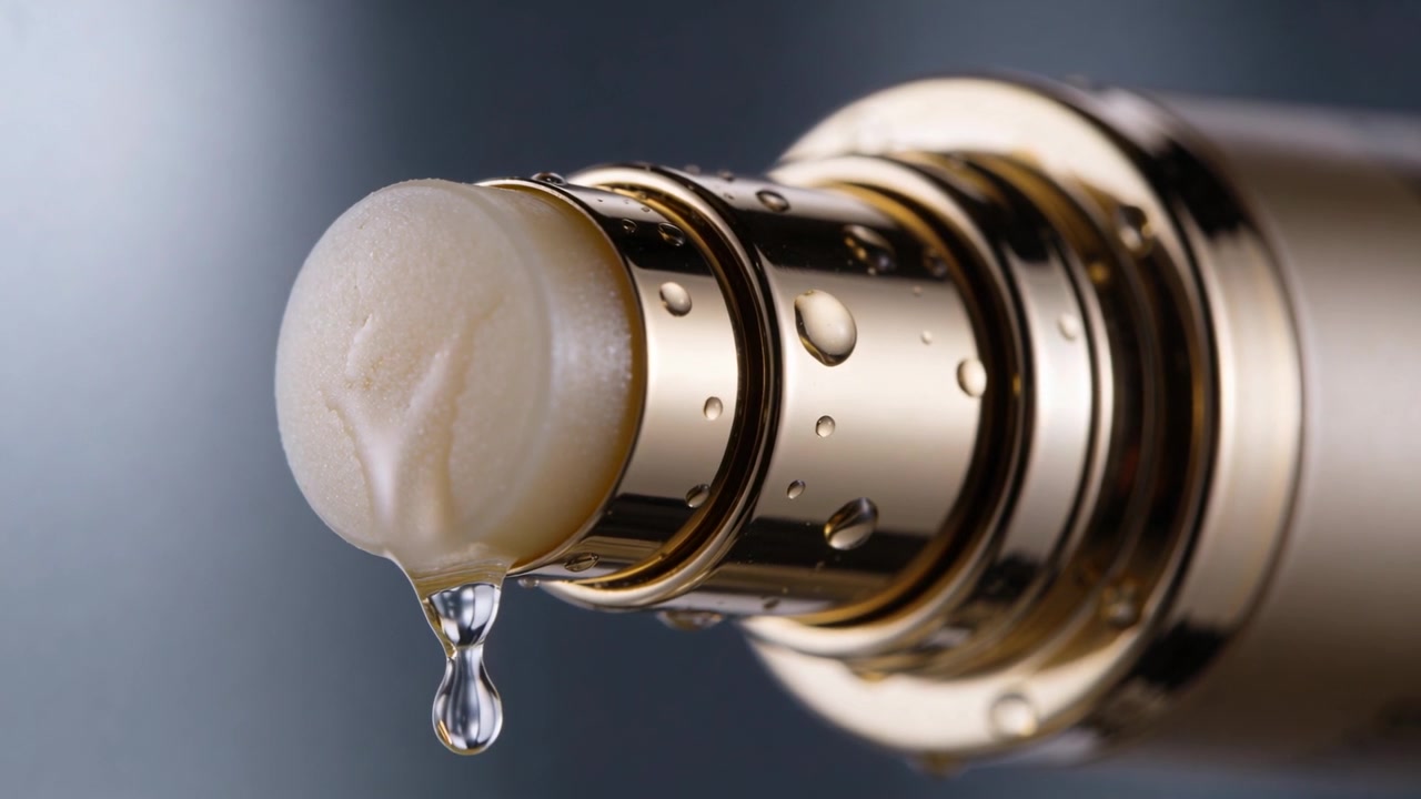 Gravity pulling dispenser forming and releasing serum droplets, dispensing product in studio rings