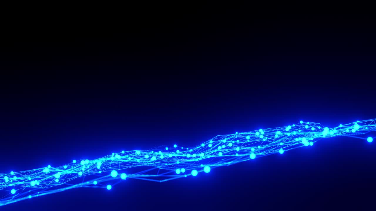 Dynamic wave of glowing lines and particles. Digital technology data network communication background concept. 4K 3D rendering seamless loop wave with connecting dots and lines. Technology background.