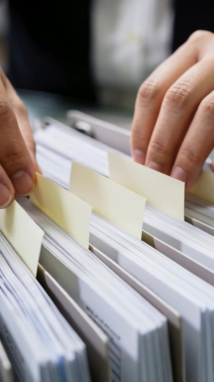 Vertical video: Lifting yellow tab, worker hands sliding tabs at desk organizing files, dark blazer