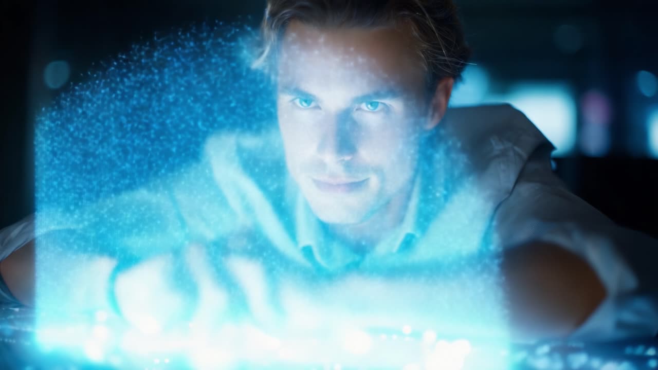 A focused young man interacts with a holographic display, exploring a digital environment filled with glowing particles and immersive visuals that stimulate the mind
