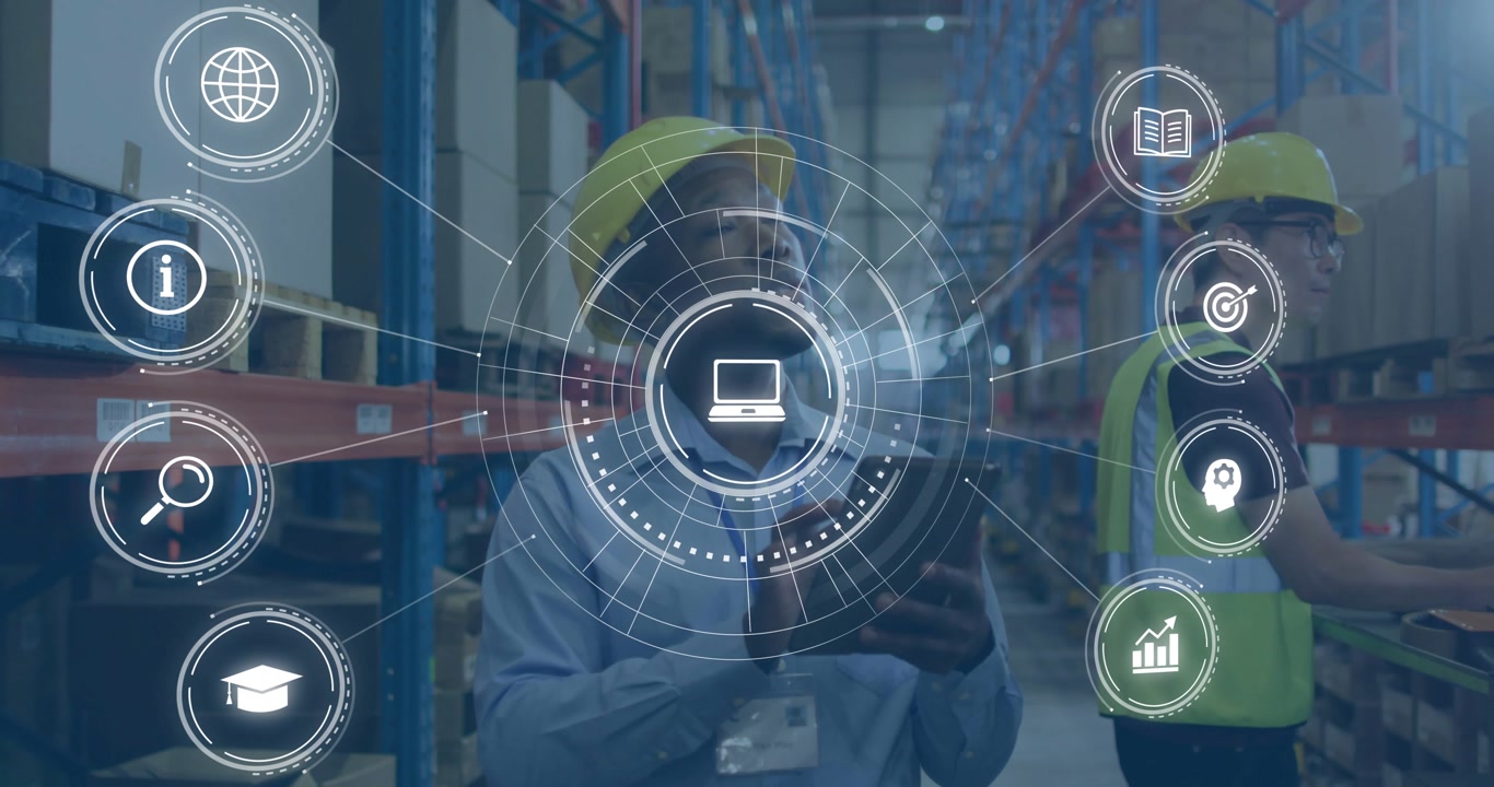 HUD appearing, male worker tapping tablet in logistics aisle and syncing stock with laptop user