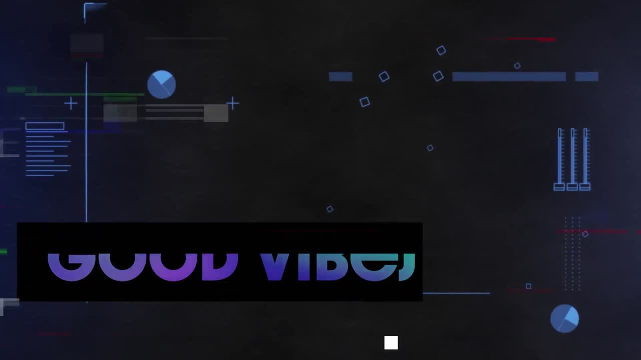 Animation of good vibes text and data processing on black background
