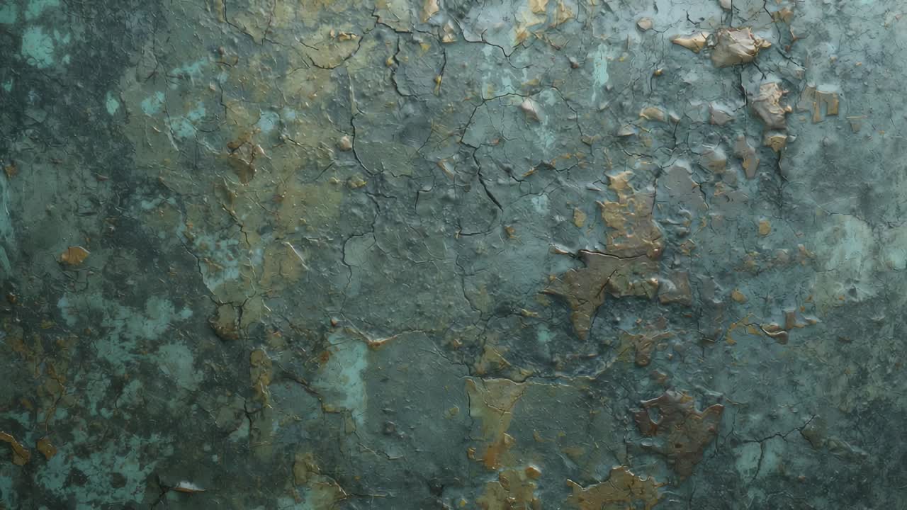 Sequenza che mostra un pannello di metallo corroso con vernice scrostata, con leggere variazioni di illuminazione, ruggine