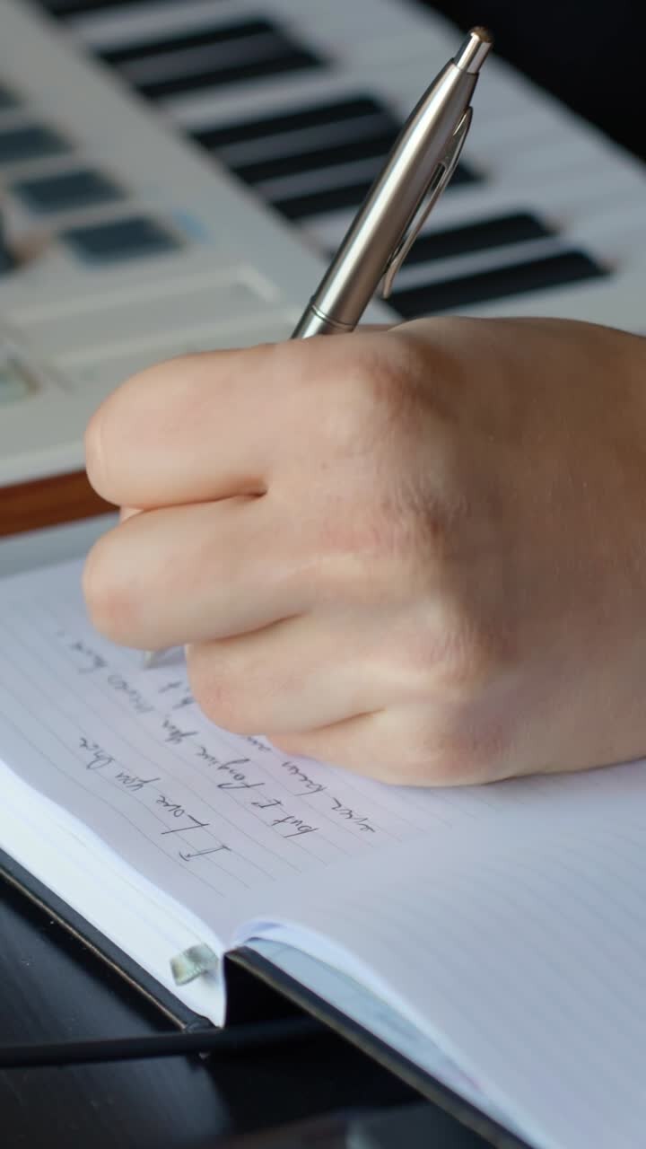 Primo piano verticale di una mano che scrive il testo di una canzone su un quaderno accanto alla tastiera sfocata di un pianoforte. La fotocamera rimane statica, concentrandosi sulla penna e sulla pagina in un ambiente musicale domestico.