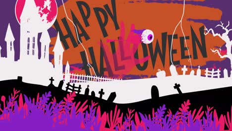 Animation-of-happy-halloween-text-with-haunted-cemetery,-zombie-hand-and-lightning,-on-purple