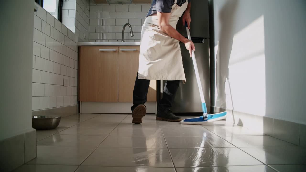 Partendo dal fondo della cucina, un uomo con grembiule beige sta passando un mocio blu, pulendo il pavimento piastrellato.
