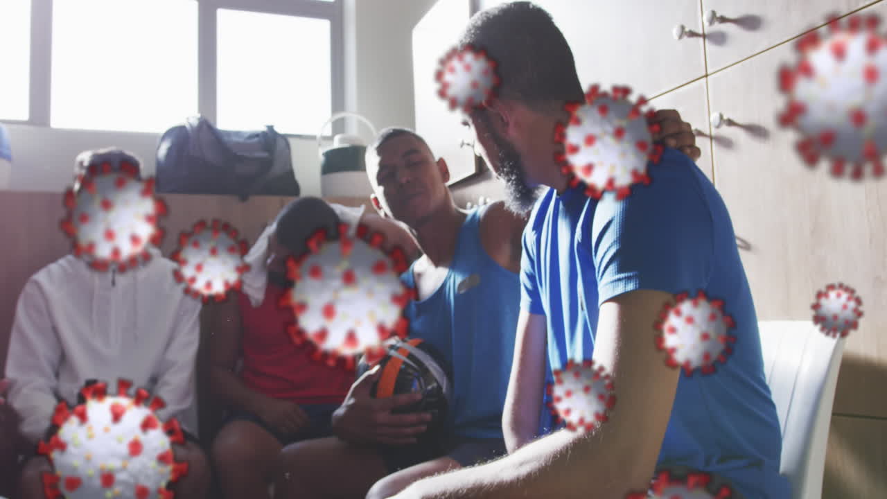 변기실에 있는 축구 선수들에 대한 코로나 19 세포의 애니메이션