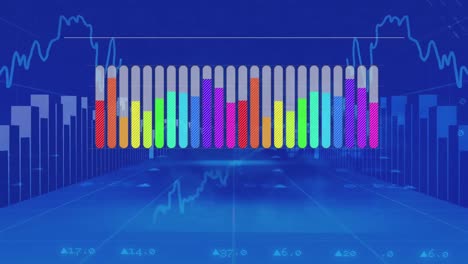 Colourful-bar-chart-on-blue-background-with-moving-charts-and-data