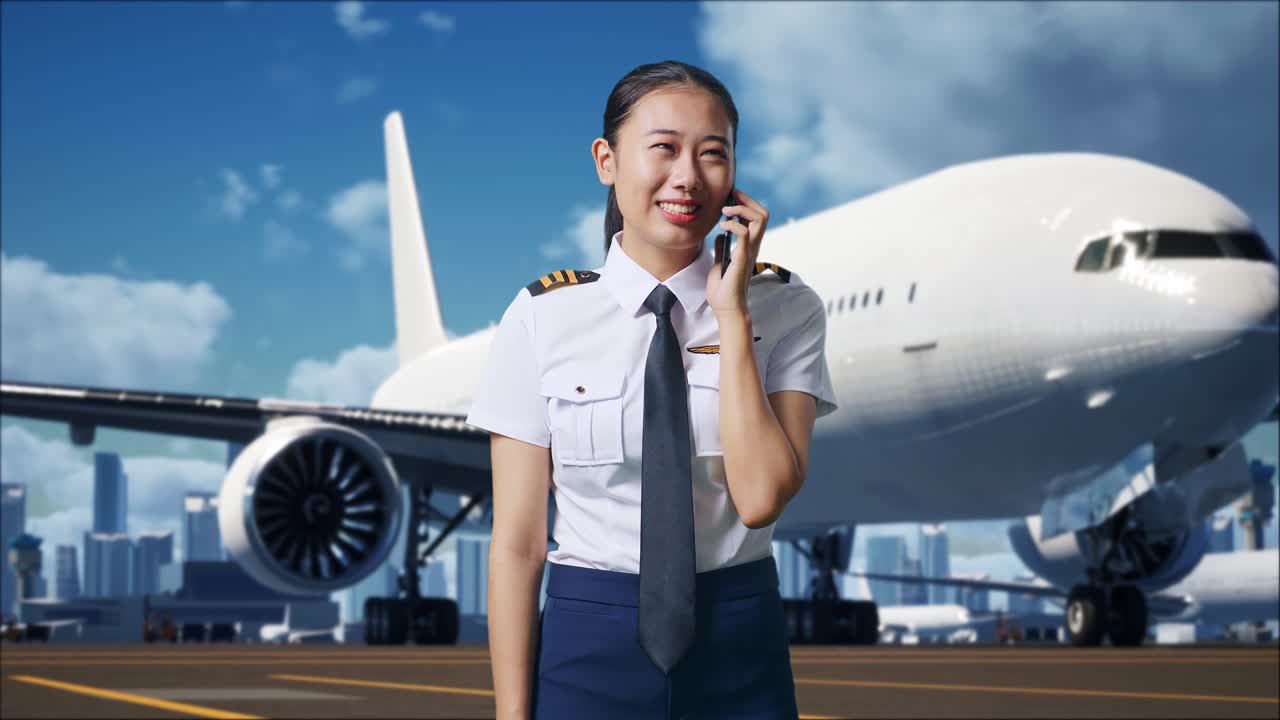 piloto mujer asiática hablando en el teléfono inteligente y mirando a su alrededor mientras está de pie en el aeródromo con el avión en el fondo