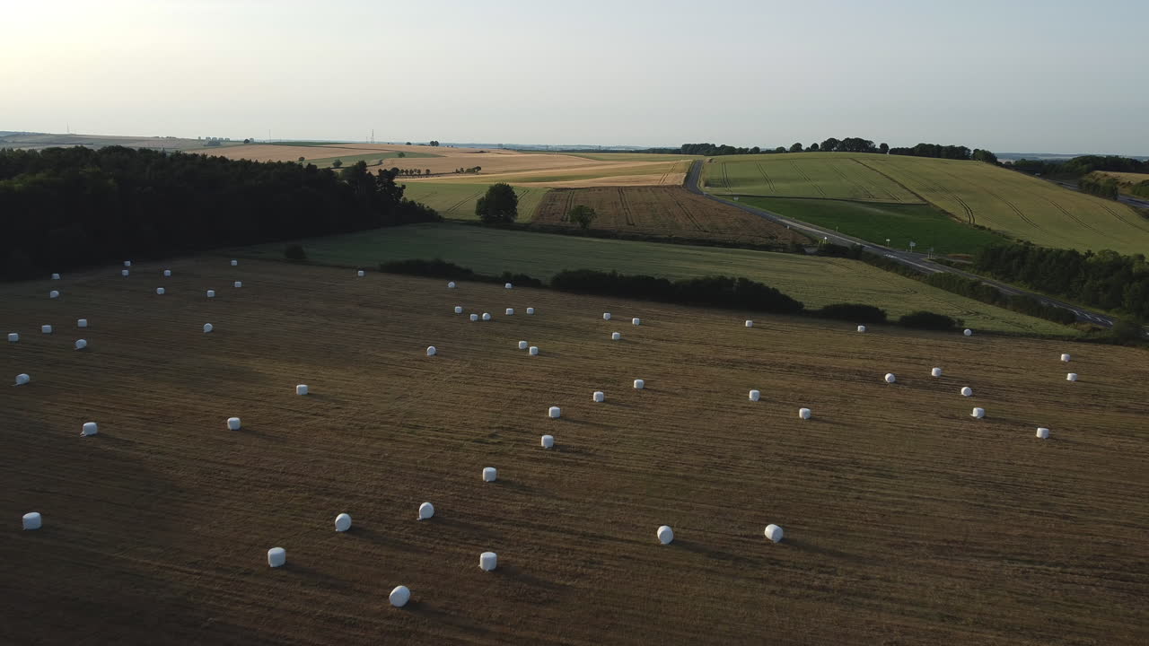 Vista aerea di campi coltivati con balle di fieno