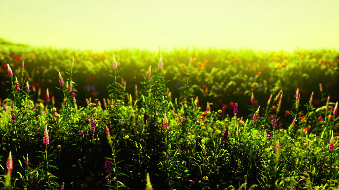 황금 시간 에 활기찬 들판 에서 다채로운 야생 꽃 들 이 꽃 을 피운다
