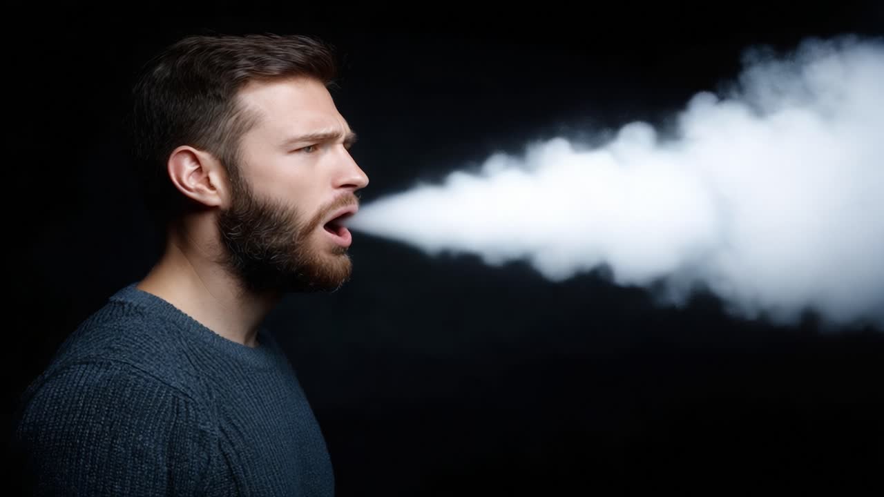A Dramatic Portrait of a Man Exhaling a Cloud of Smoke, Capturing the Essence of Breath Through Artful Photography in a Darkened Background