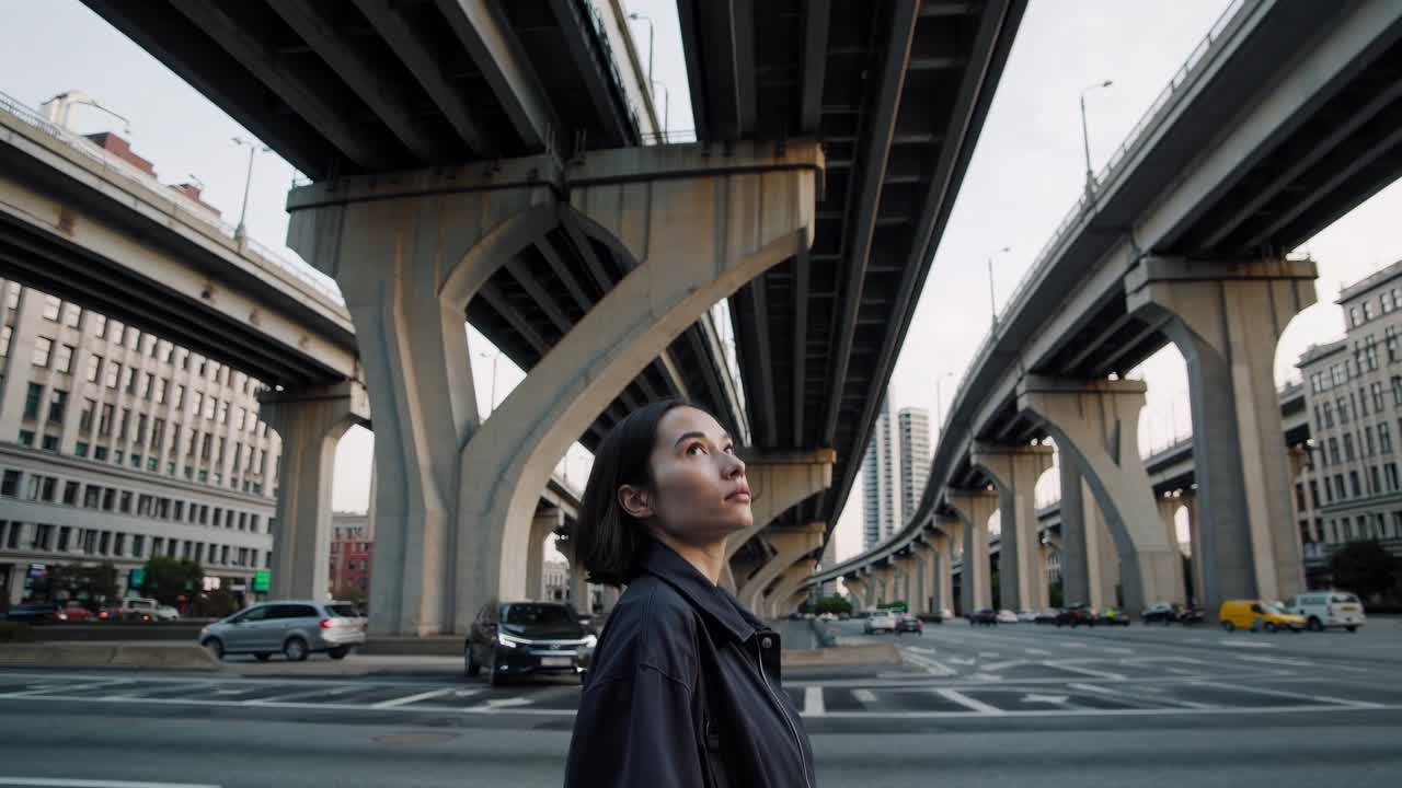 Young woman stands with closed eyes under a highway overpass, taking a moment of contemplation amidst the urban environment, surrounded by cars and buildings
