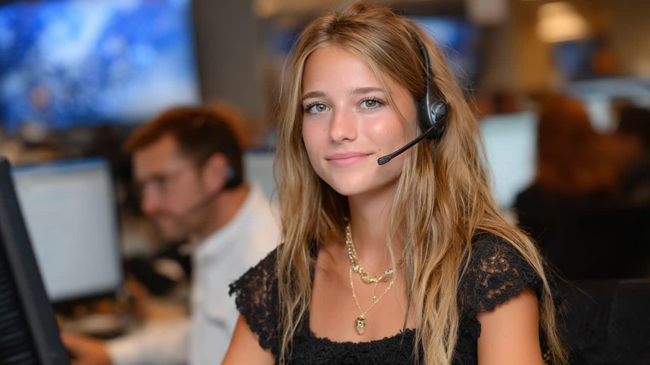 Uma Jovem Confiante Interage com Clientes em um Call Center Moderno, Demonstrando Profissionalismo e Dedicação no Atendimento ao Cliente