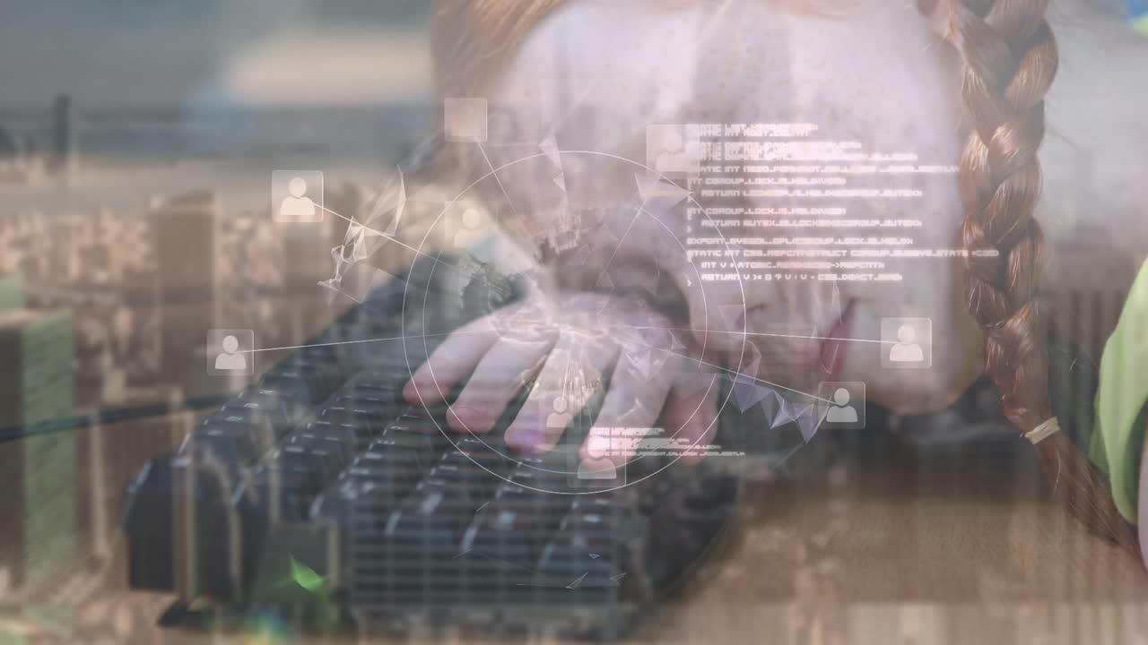 컴퓨터 키보드에서 잠을 자는 백인 소녀에 대한 지구와 데이터의 애니메이션