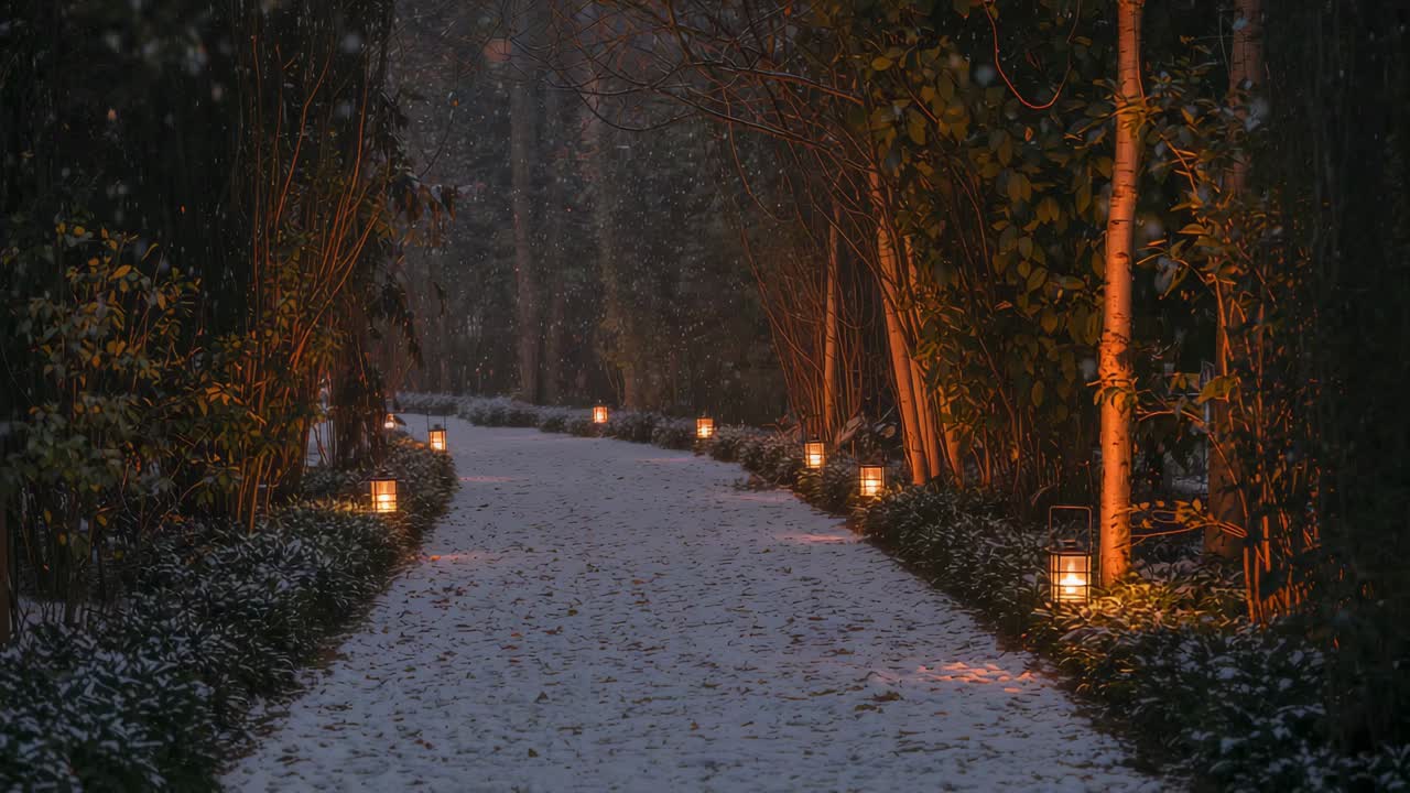 Glowing snow path leading through park as dusk settling, lanterns casting light, guiding walkers