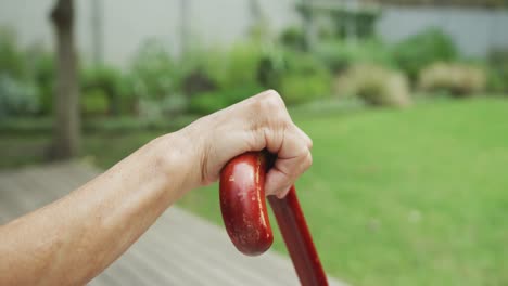 Hands-of-adult-asian-daughter-holding-hands-with-senior-mother-in-garden-holding-walking-stick