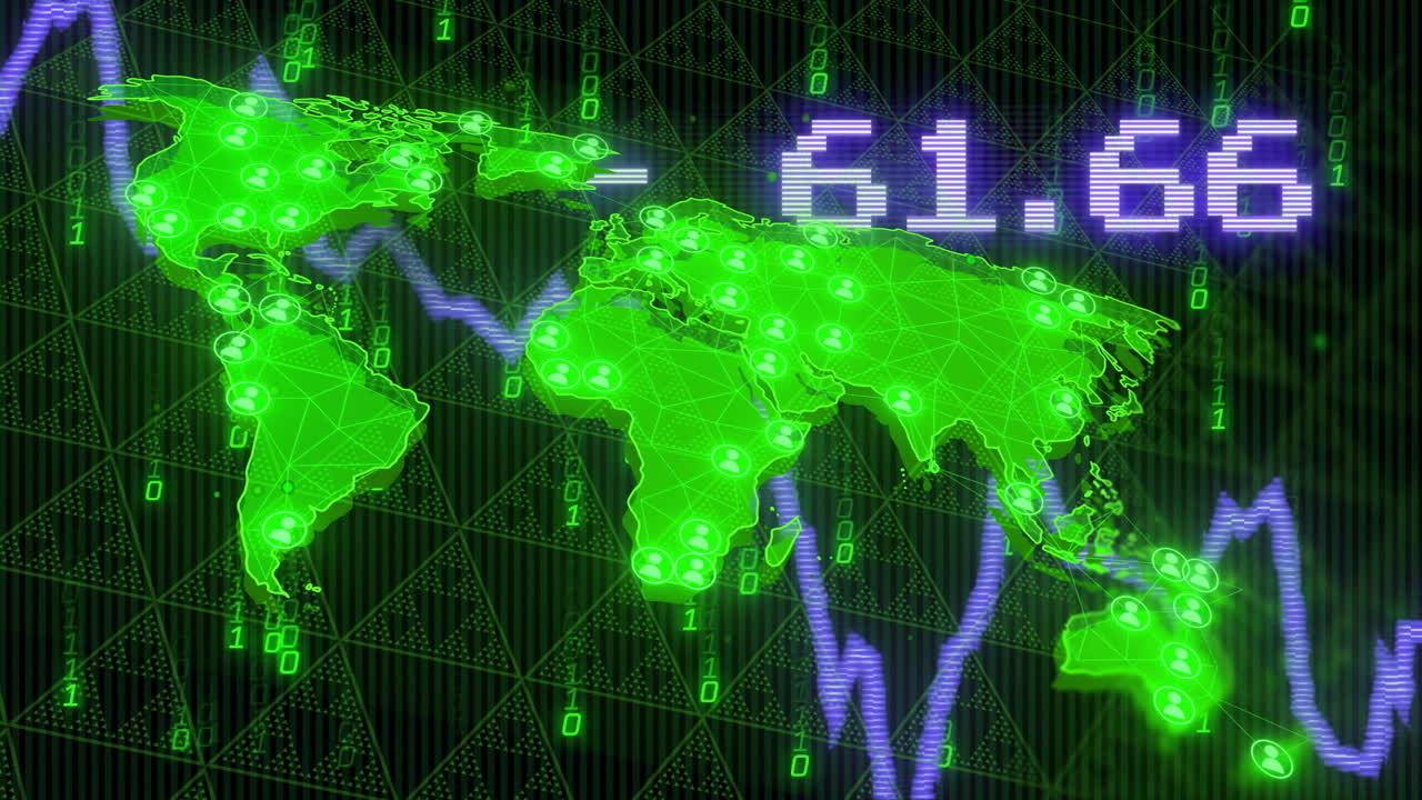 데이터 포인트와 금융 숫자를 가진 세계 지도, 주식 시장 애니메이션