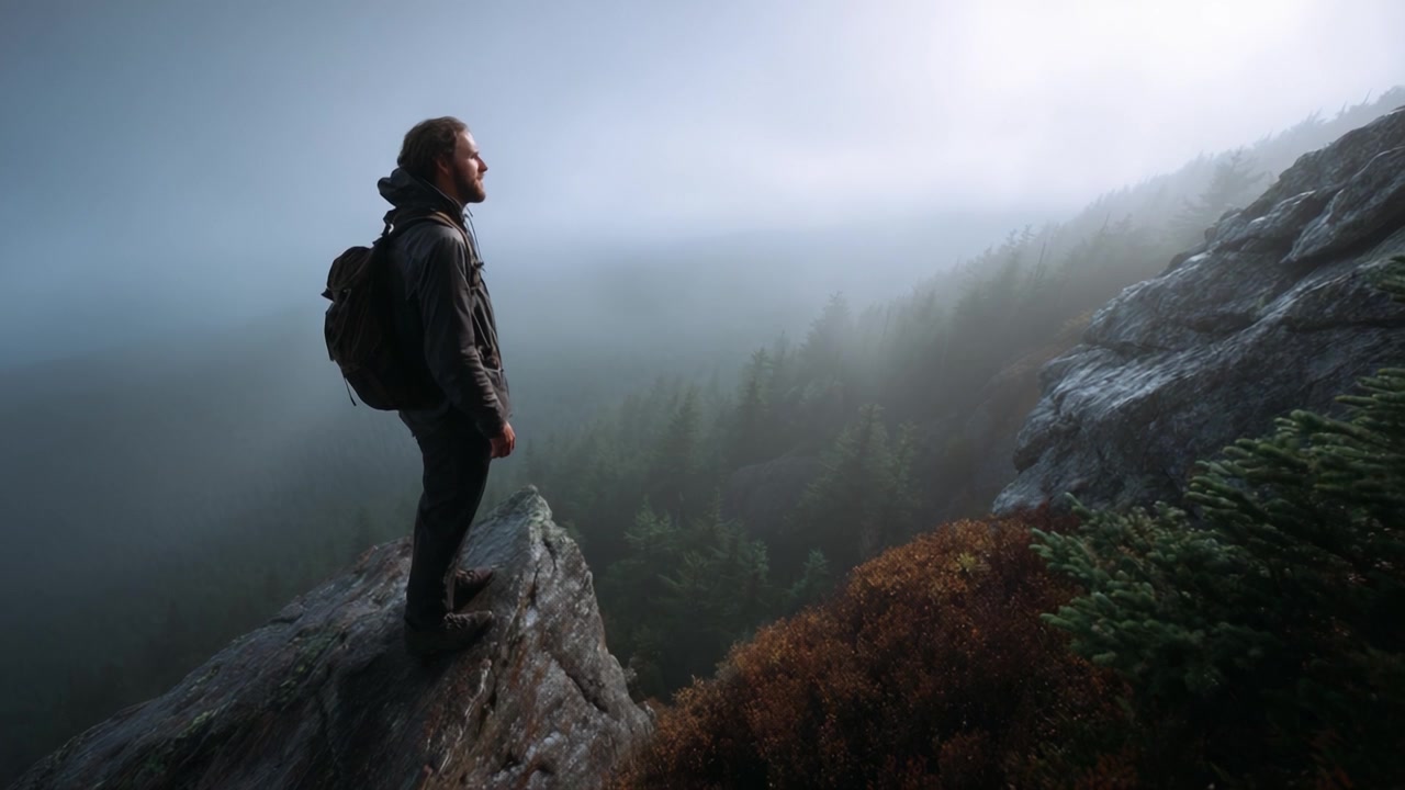 A solitary hiker stands on a rocky ledge surrounded by misty mountains, capturing the essence of adventure and exploration in the serene wilderness landscape.