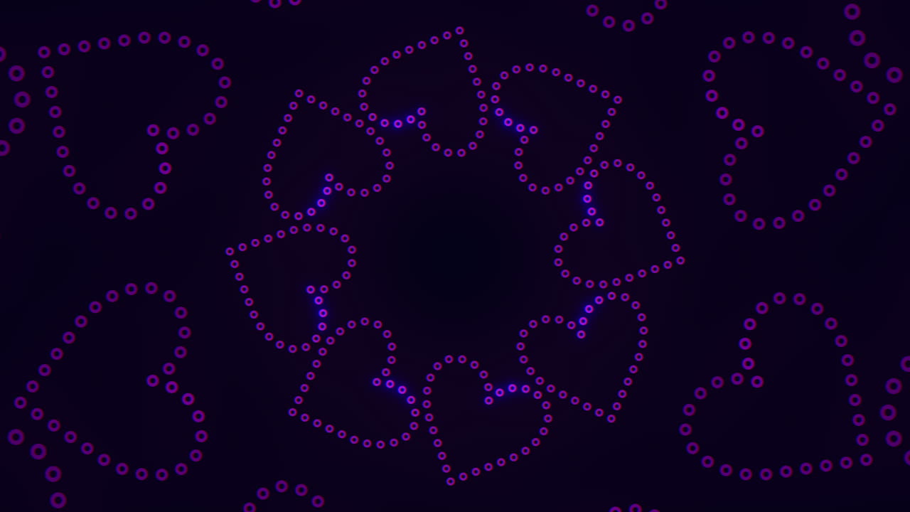 Glowing purple dotted heart shapes animation on dark background, seamless pattern