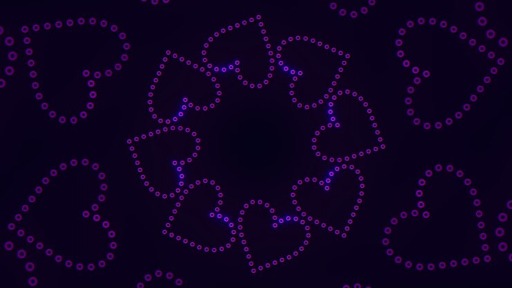 Animazione di forme di cuore puntinate viola luminescenti su sfondo scuro, motivo continuo