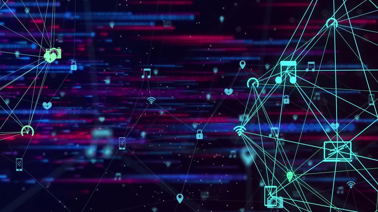 Animation of media icons and shapes over black background