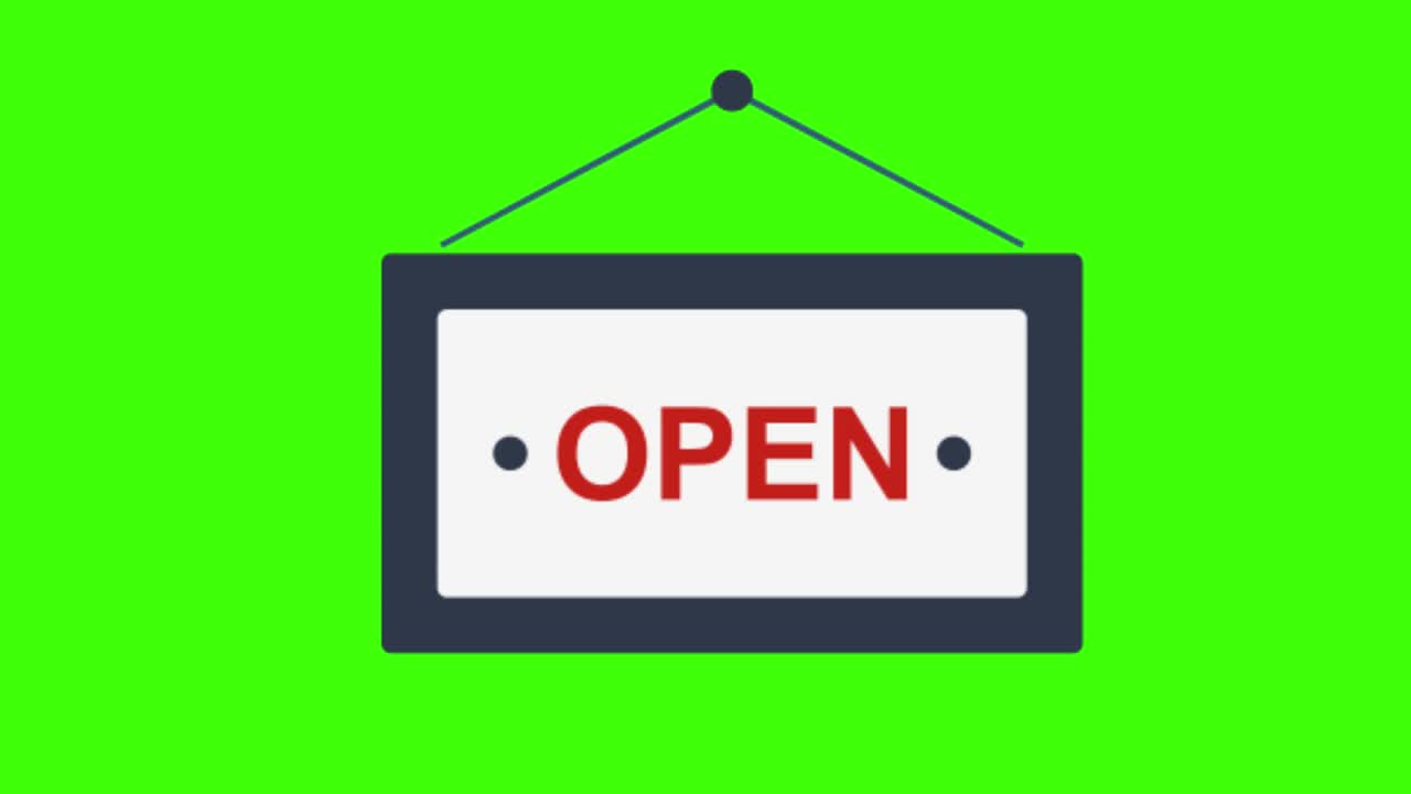 animation of an open sign icon on a green screen