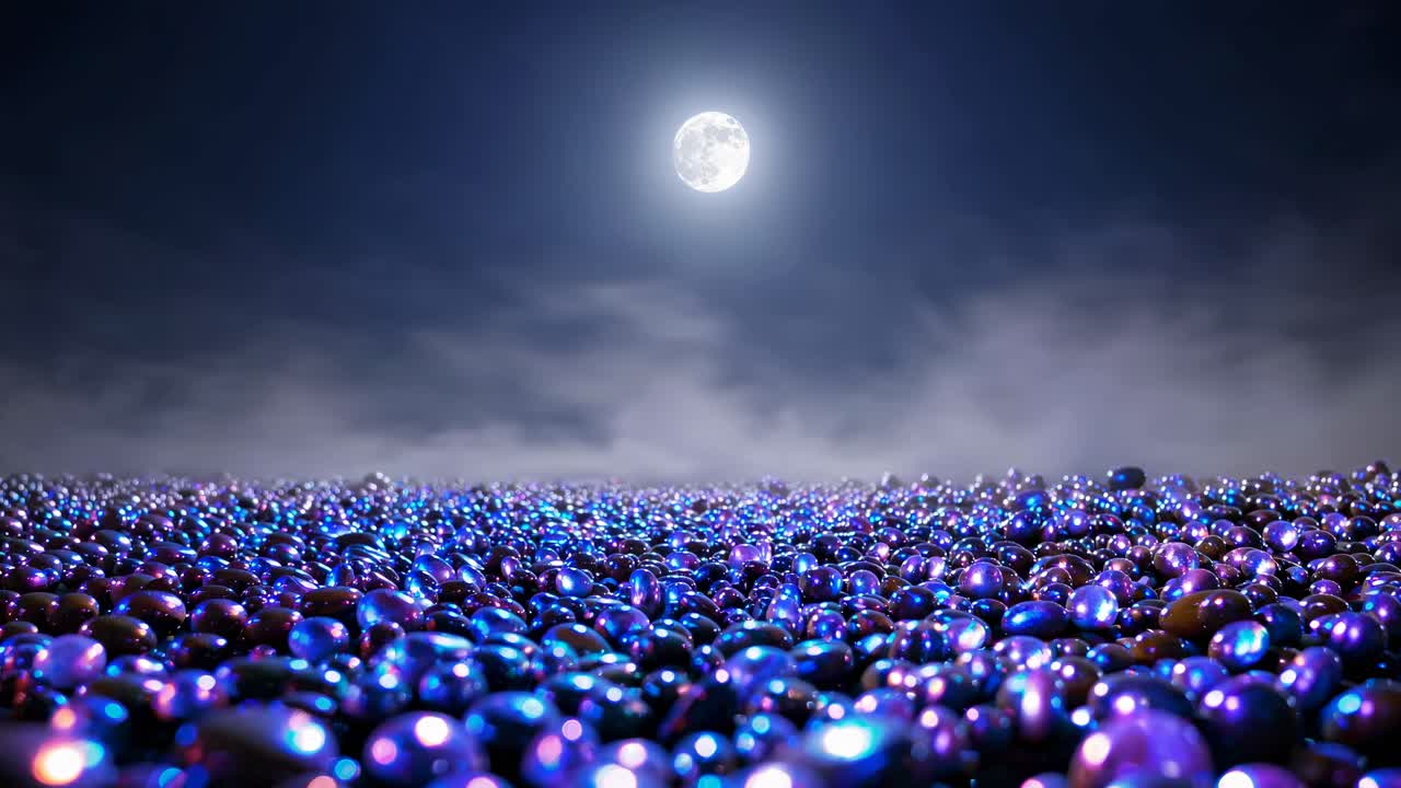 Low-angle shot of a vast field of glowing orbs under a full moon, creating a surreal, mystical video